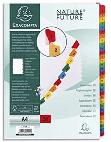Exacompta - Ref 1131E - Kartongregister 1-31 för DIN A4 av kartong 31 stycken fullhöjd 21 x 29,7 cm vit, färgade förstärkta flikar med index sidfördelare filregister