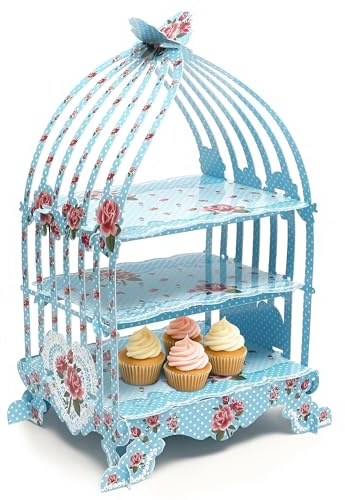 Trimming Shop Blue Vintage Birdcage 3 Tier Cardboard Foldable Cupcake Stand | Ideal for Presenting Muffins Pastries Treats Canapes and Mini Cakes at Family Gatherings Venues and Catering Functions