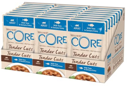Wellness CORE Tender Cuts 24 x 85g, Thunfisch – Nassfutter für Katze | zarte Stücke in Sauce, getreidefrei, natürlich, hypoallergen, proteinreich, hoher Fischanteil