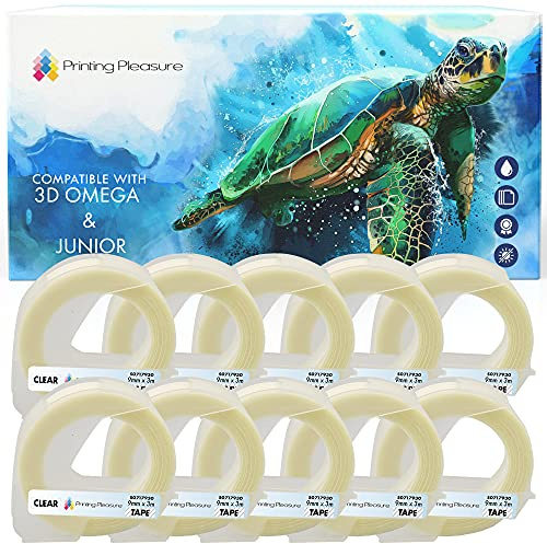 10er Pack Selbstklebenden Etiketten 3D weiß auf transparent Prägeband 9mm x 3m, Kunststoff, kompatibel für DYMO Omega und Junior Etikettenprägegerät