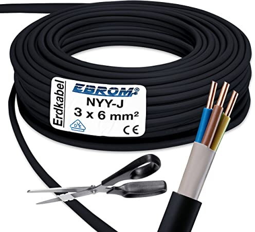 Se vende por metros exactamente: cable de corriente NYY-J 3 x 6 mm² cable subterráneo - negro - selección en tramos de 5 metros - Ejemplo: 10 m - 20 m - 25 m - 30 m - 35 m - 40 m - 450 m