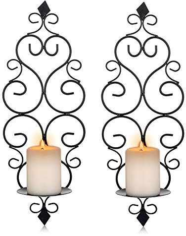 Sziqiqi Wandkerzenhalter Wandleuchter Kerzenständer Kerzenhalter Kerzenleuchter aus Metall 2er Set, Wandteelichthalter Säulenhalter für Teelichter Stumpenkerze Wohnzimmer Schlafzimmer, Schwarz