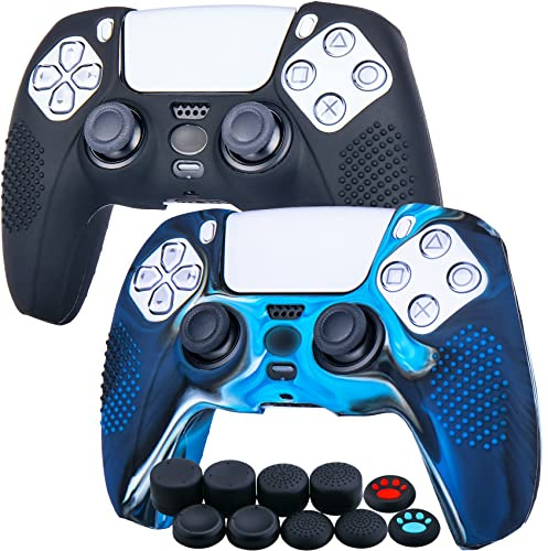 YoRHa Studded Silikon Hülle Abdeckungs Haut Kasten für PS5 Controller x 2 (Schwarz+Tarnung Blau) Mit Pro Aufsätze Thumb Grips x 10