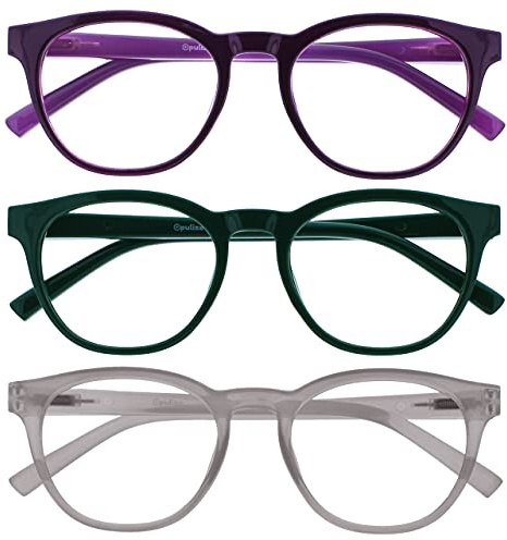 OPULIZE Blu Gafas de Lectura con Bloqueo de Luz Azul Pack de 3 Montura Redonda Morada Verde Hielo Bisagras de Muelle Mejoran el Sueño Ordenador Gaming Antirreflejante Hombre Mujer BBB5-56C +1.50