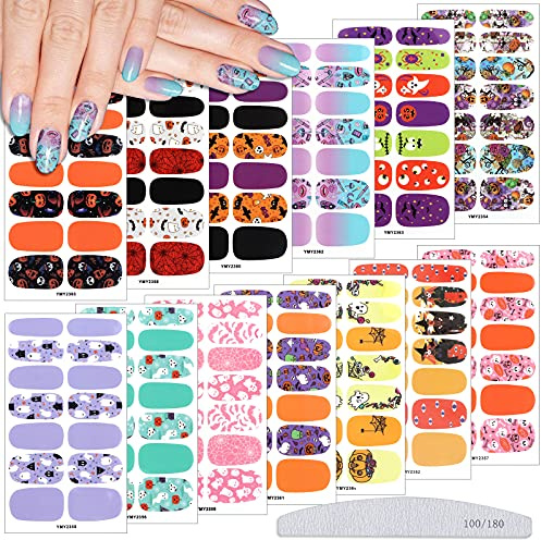 EBANKU 13 Blatt Halloween Nagelsticker mit 1 Stücke Nagelfeilen, Nagelaufkleber Nagelkunst Sticker Selbstklebende Nagelfolie Maniküre Sticker Schädel Kürbis für Frauen Mädchen Nail Art Dekoration