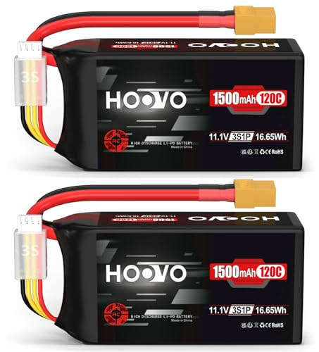 3S Lipo Akku 11,1V 120C 1500mAh Graphen Batterie mit XT60 Stecker wiederaufladbarer Akku HOOVO für FPV Racing Drone Quadcopter Hubschrauber Flugzeug Boot RC Modelle (2 Packungen)
