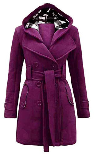 Trenchcoat Damen Lang - Hoodie Mantel Faux Woll-Jacke Übergangs Parka Langarm Für Frühling Herbst/Winter, Zweireihig, Reverskragen, Mit Tartan Kapuze, Gürtel