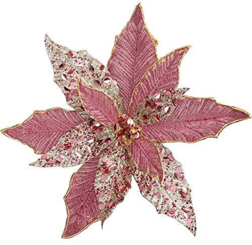 Oairse 4 flores de Pascua grandes con purpurina de 30 cm - Flores artificiales de arbol Navidad de oro rosa con tallo largo - Decoraciones para adornos de boda y Año Nuevo