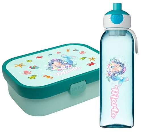 Ferocity Lunchbox Set für Kinder Mädchen zur Schule Personalisiert mit Namen Brotdose Wasserflasche Trinkflasche BPA frei Essen für Unterwegs mit Gabel und Bento Fach To Go Mermaid [153]