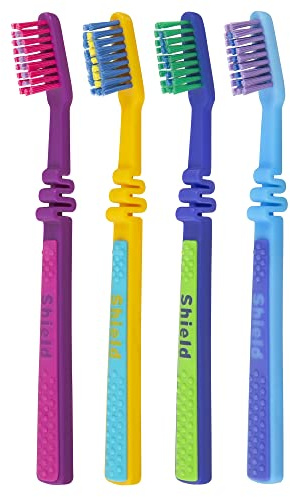 Shield Care Flex Junior Toothbrush with Spring Neck, Maximum Oral Care for Kids - Super Soft Bristles, 4 Colors - 4 Count (Pack of 1)