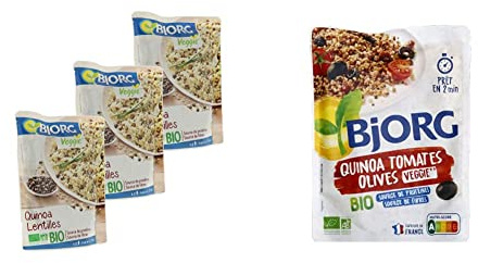 BJORG - Plat Cuisiné Quinoa Lentilles - Plat Préparé Bio - (Lot de 3x 250g) 750gr & Plat Cuisiné Quinoa Tomates Olives Bio - Plat Préparé Bio - Lot de 1 Doypacks Micro-ondables de 250 g