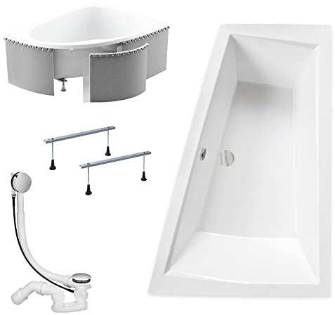 KOLMAN Badewanne INTIMA Eckbadewanne 170x125 Rechts mit Styroporverkleidung, Ablaufgarnitur und Füßen Komplettset 4in1 Premium Original Acryl Wanne Siphon