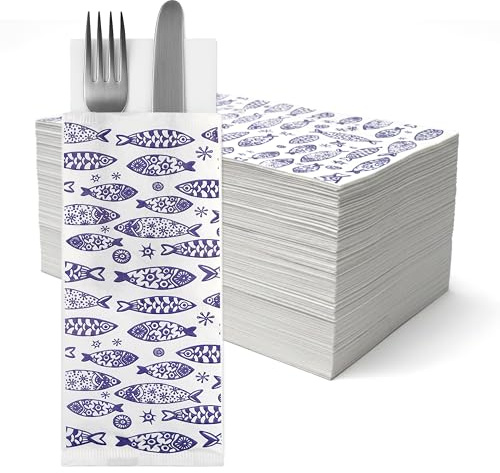 GIORDANO Cart 1000 Buste Portaposate Monouso in Carta Politenata Stile Pesci 10x25 cm con Tovagliolo 40x40 P/8 – Bustine Porta Posate Usa e Getta per Ristoranti, Catering e Casa Made in Italy