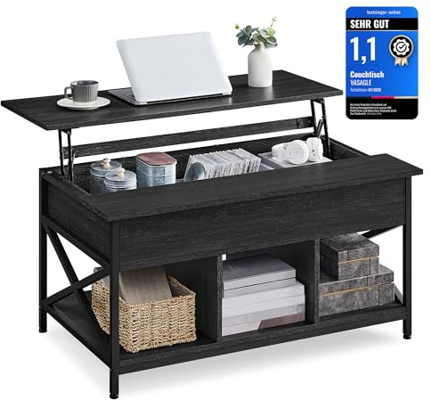 VASAGLE Mesa de Centro, Mesa de Café con Tablero Elevable, para Dormitorio, con Espacio Abierto y Oculto, Barras en Forma de X, 60 x 100 x (48-62) cm, Gris Carbón y Negro LCT205B22