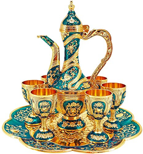 Igtazy Türkisches Vintage-Kaffeekanne und Tassen-Set, Teeservice-Set mit Teekanne, Teetablett und Metalltassen für Weinschrank, Hochzeitsdekoration (Gold und Blau)