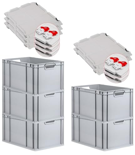 PROREGAL SuperSparSet 5x Eurobox NextGen Economy mit Scharnierdeckel & roten Verschlüssen | Griffe offen | HxBxT 32x40x60cm | 65 Liter | Eurobehälter Transportbox Transportbehälter Stapelbehälter