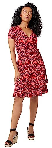 Roman Originals Floral Print V-Neck Wrap Stretch Dress for Women UK - Ladies Everyday Holiday Spring Summer V-Neckline Comfy Soft Evening Vacation Work Party - Petite Pink - Size 16