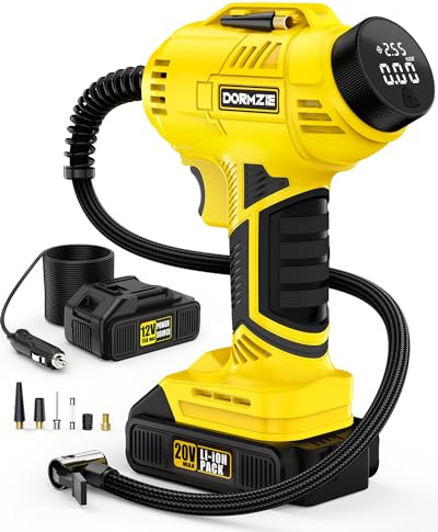 Compressore d'aria portatile, 150 psi, pompa ad aria portatile per pneumatici auto con batteria ricaricabile da 20 V, adattatore di alimentazione per auto da 12 V, display digitale, palla, moto, pompa