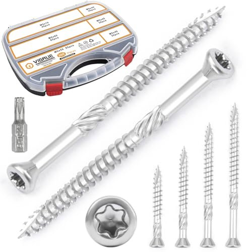 VIGRUE Terrassenschrauben 5x60 300 Stück Dielenschrauben Set 5x40mm, 5x50mm, 5x60mm, 5x70mm, Edelstahl Gehärtet C1 Schrauben, Torx 25, inkl. Edelstahl Bit