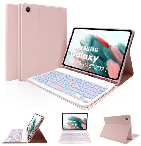 LAMA Custodia con Tastiera Retroilluminata per Samsung Tab A8 10.5in 2021(SM-X200/X205/X207), Cover Slim Smart Tablet con portapenne S integrato e Tastiera Wireless Rimovibile per Tablet Galaxy Tab A8