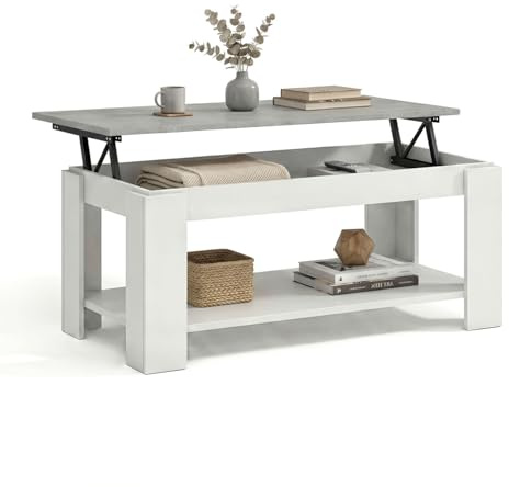 duehome | Mesa de Centro Elevable, Mesa Auxiliar, Modelo LYA, Acabado en Color Blanco Artik y Cemento, Medidas: 102 cm (Largo) x 50 cm (Ancho) x 43-54 cm (Alto)