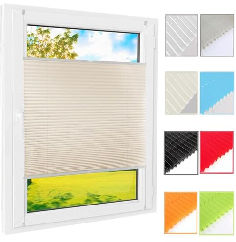 Plissee Klemmfix Ohne Bohren, 40 x 40 cm Sichtschutz Und Sonnenschutz, Jalousien Zum Klemmen, Plisseerollo, mit Klemmträger, für Fenster & Tür, Beige