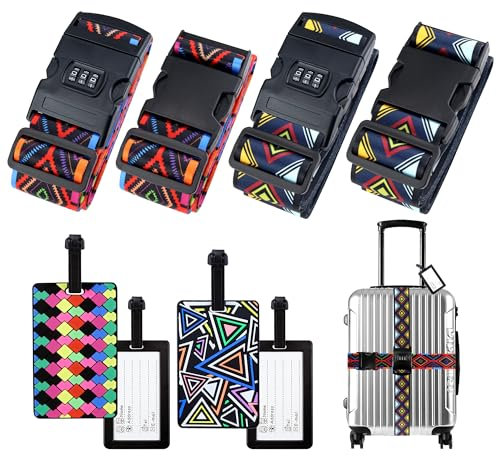 Hivia Kofferbänder 4er Set-4 Stück Koffergurt mit Zahlenschloss+4 Stück Kofferschilder Anhänger,Kofferband Auffällig Kofferband Bunt|Lutschtablette