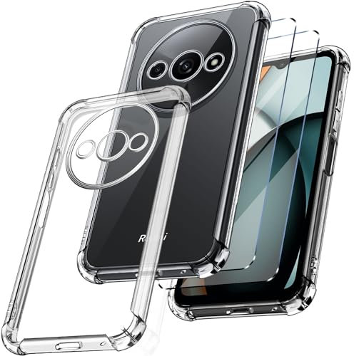 New&Teck - Funda para Xiaomi Redmi A3 + 2 Vidrio Templado Protector de Pantalla, Funda de Silicona TPU Flexible, Parachoques con Esquinas reforzadas, protección Clara.