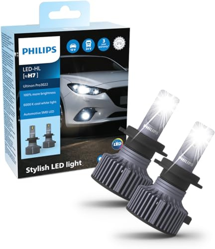 Philips Ultinon Pro3022 LED strålkastarlampa för bil (H7), +100%, kallt vitt ljus till 6 000 K, 2 st