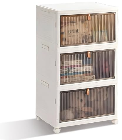 BTGGG 3 Tier Plastic Storage Boxes with Lid, 22L*3 Stackable Storage Boxes on Wheels, Foldable Plastic Drawers on Wheels Collapsible Baskets Containers for Living Room Bedroom Organisation