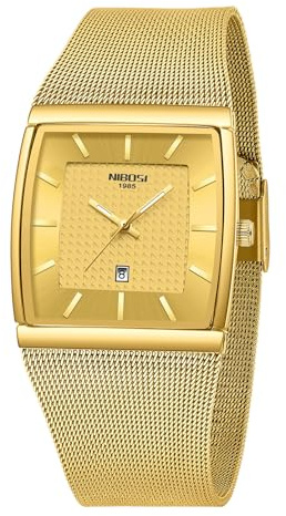 NIBOSI Orologi da uomo Orologi analogici quadrati al quarzo in acciaio inossidabile per uomo Cinturino a maglia Impermeabile Orologio sportivo da lavoro con datario