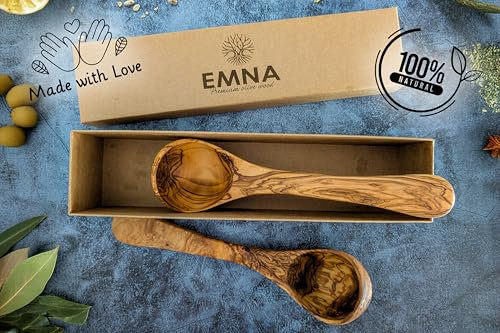 EMNA - 2er Set Schöpflöffel aus Olivenholz | in einer exklusiven Geschenkbox | Das perfekte Geschenk für anspruchsvolle Feinschmecker | Geschenkset | Suppenkelle | Schöpfkelle | Schöpfer | Weihnachten