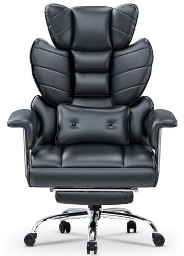 naspaluro Bürostuhl mit Fußstütze, Ergonomischer Schreibtischstuhl mit Zusätzlichem Lordosenstützkissen, Großer Chefbürostuhl aus PU-Leder mit Hoher Rückenlehne, Computerstuhl für Homeoffice, Schwarz