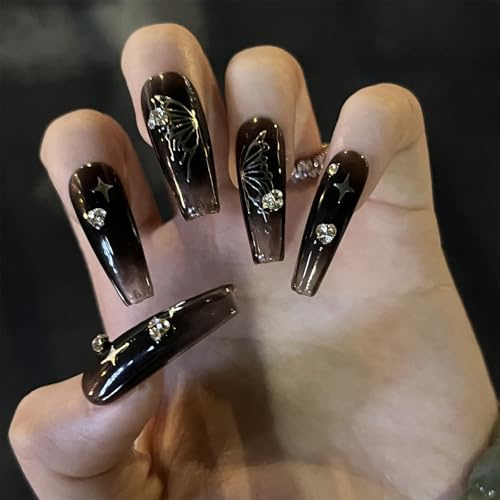 24 Stück Nägel zum Aufkleben Lange Coffin, French Press on Nails Schwarz Schmetterling Künstliche Nägel, Acryl Fingernägel zum Aufkleben Glänzend Strass Full Cover Kunstnägel für Frauen
