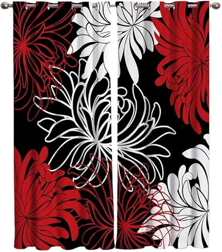 YZQGLHP Gardinen Rot Vorhänge Chrysantheme Verdunklungsvorhänge Schiebe Schallschutz Vorhang mit Ösen für Schlafzimmer Wohnzimmer H260 x B140 cm 2 teiliges Set