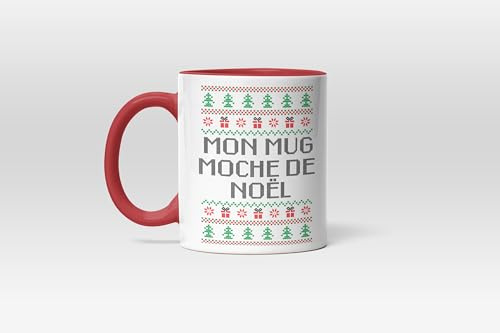 Mug noel, tasse noel mug, mon mug moche de noel , design vintage. Mug noel chocolat chaud chamallows, hiver, neige cocooning au coin de la cheminée pour regarder film de noël avec poignée rouge