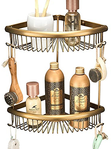 Ruiseawing 2-stufige Duschkörbe, rostfrei, Badezimmer-Caddy, Eckregale, Messing, Duschregal mit Haken, Shampoo-Halter, Bad-Aufbewahrung, Orga