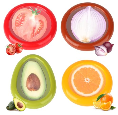 4 contenitori per alimenti in silicone, riutilizzabili, per frutta e verdura, contenitori per alimenti freschi, adatti ad avocado, cipolle, pomodori, limoni, mele, aglio e altro ancora