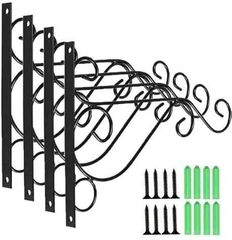 4X Heavy Duty Wall Hanging Basket Bracket, Plant Hanger Hook Black Fence Hooks with Screws for Lanterns, Wind Chimes, Flower Pot Baskets, Decorative Plants, Garden Patio Lawn Indoor Outdoor Decor
