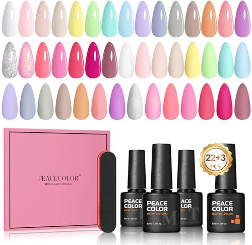 PEACECOLOR 25PCS UV Nagellack Set, 22 Farben Gel Nagellack mit Unterlack Glänzend & Matt Überlack, Rosa Lila Gelb Blau Grün Farbgel für Gelnägel Nail Polish Starter Set Nail Salon DIY