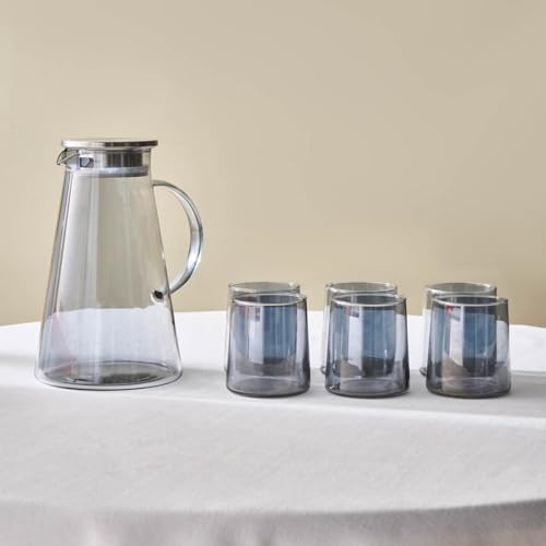 Karaca Serene Clear Tumbler Drinking Glasses Set of 7, Includes Carafe and Glass Set, Elegant Glass Cups for Home and Entertaining, Anthracite