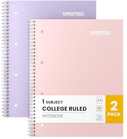 Smarpau Notebook A4, Pastel College Ruled Notebooks 140 Pages | 8 mm Lined with Margin&Perforated Edges, Spiral Journal for School, University, Study and Everyday Notes - Pink+Purple