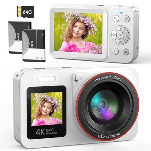 Digitalkamera 4K 64MP FHD Fotokamera für Kinder Fotoapparat 18X Digitalzoom Fotokamera Kompaktkamera mit 2 Bildschirme, 64GB SD Karte für Kinder Teenager Anfänger, Weiß