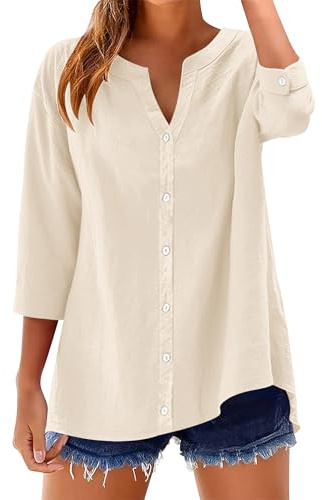 Rapbin Womens Tops 3/4 Length Sleeve Cotton Linen Button Down Ladies Blouses V Neck Solid Casual Loose Fit Roll Up Sleeve T-Shirt