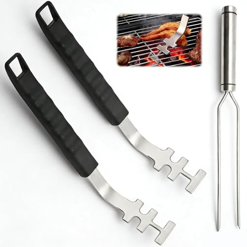MUNTE 2 Stück Grillrost Heber 27 cm, Grillrostheber Edelstahl mit Einer Dicke von 3 mm, Grillrost Griffe mit Einer 29 cm Gabel, für Familien, Camping und Restaurants
