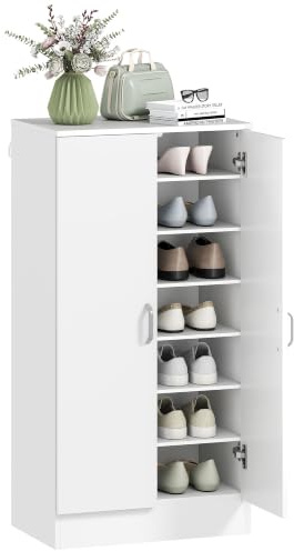 HOMCOM Zapatero de 2 Puertas, 6 Estantes Ajustables, 55x35x108cm Blanco | Zapatero Entrada Recibidor, para 14 Pares de Zapatos