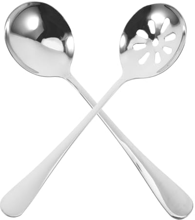 Cucchiaio da Minestra Forato in Acciaio Inox con Manico lungo 2 Pezzi | Uso Domestico e Buffet, Finitura Argento, Drenaggio Rapido, per Pasta, Salse, Brodi, Servizio a Tavola