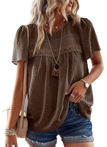 TUUHAW Camiseta Mujer con Cuello Redondo Boho Blusa Manga Corta Verano Tops | Elegante Túnica, Volantes Plisada Encaje, Casual Ropa, Suelto Camisa, Bordado Cómodo Ropa, Color Liso, Informal Camisetas