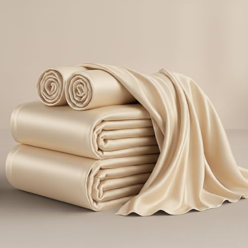 WhiteCurls Mulberry Silk Sheet Set 4Pcs, 6A Grade Natural Silk Bed Sheets, Ultra-Soft & Breathable Fits Mattress Upto 14-16 Deep Pocket (King, Ivory)