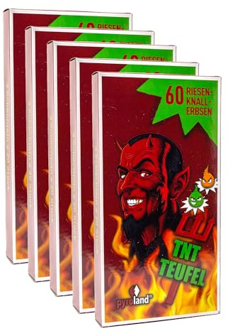 Pyroland TNT Teufel Knallerbsen, 300 (15x20'er) Riesen-Knallerbsen, Jahresfeuerwerk für Kinder und Jugendliche, 5 je 60 St. Packungen Knallteufel